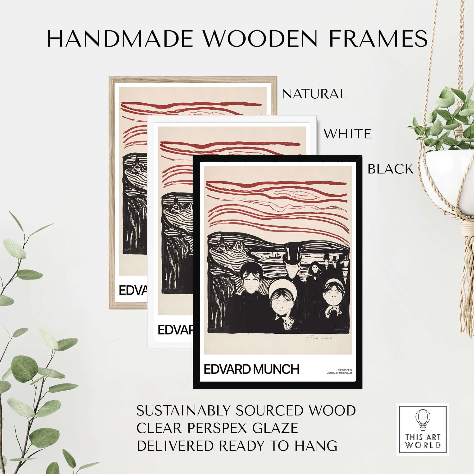 Edvard Munch Art Print - Anxiety 1896 Expressionist Lithograph MoMA Poster in handmade wooden frames