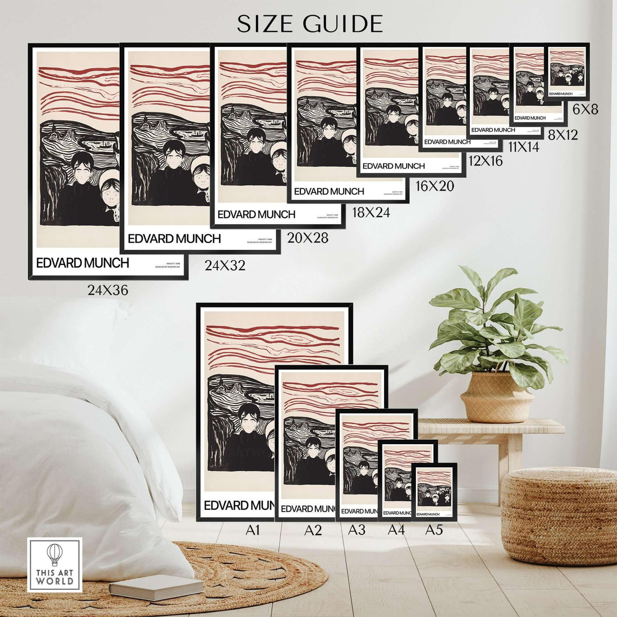 Edvard Munch Art Print - Anxiety 1896 Expressionist Lithograph MoMA Poster size guide for various print dimensions