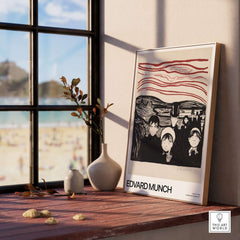 Edvard Munch Art Print - Anxiety 1896 Expressionist Lithograph MoMA Poster displayed by a sunny window.
