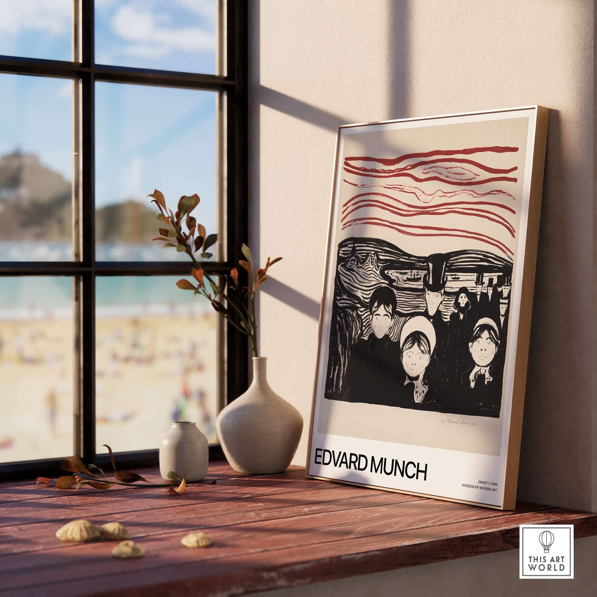 Edvard Munch Art Print - Anxiety 1896 Expressionist Lithograph MoMA Poster displayed by a sunny window.