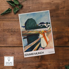 Edvard Munch Art Print - The Girls on the Bridge 1927 Painting - Museum Poster displayed on wooden surface.