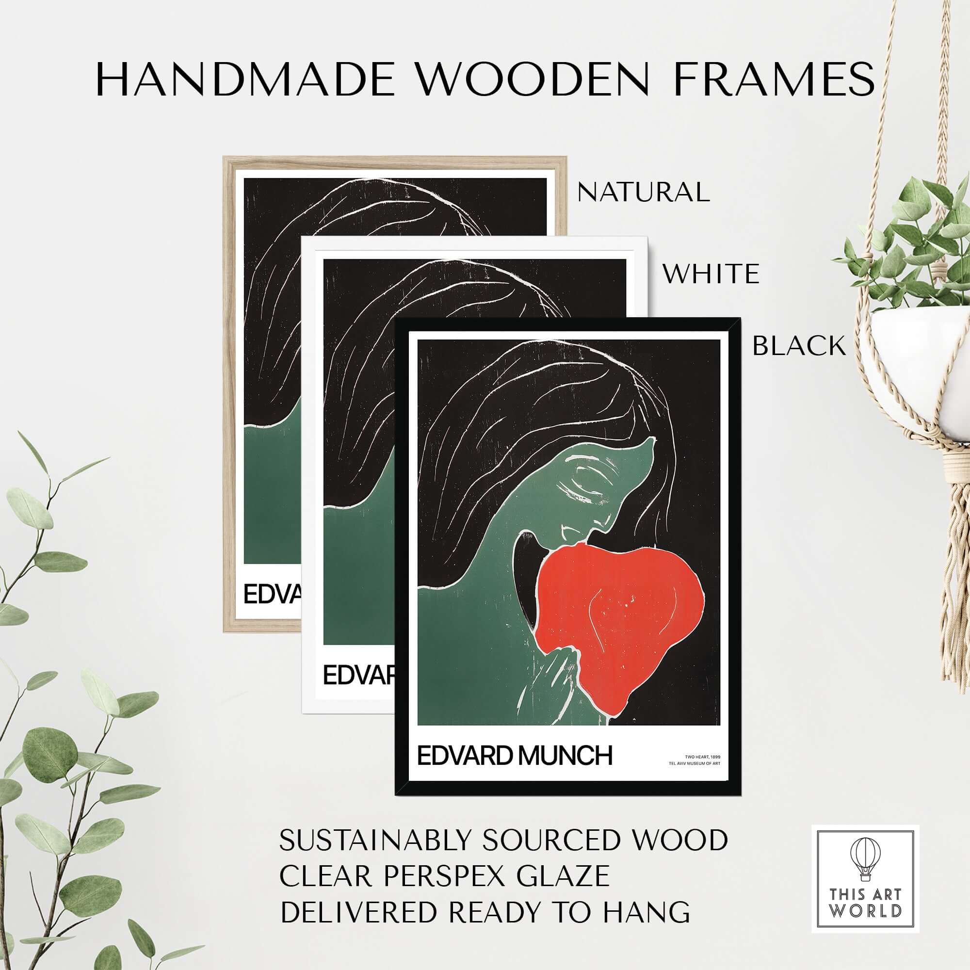 Edvard Munch Art Print - Edvard Munch Two Heart c1899 Woodcut - Symbolist Love Poster framed in handmade wooden frames