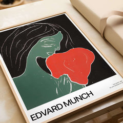 Edvard Munch Art Print - Edvard Munch Two Heart c1899 Woodcut - Symbolist Love Poster featuring a green figure and red heart.