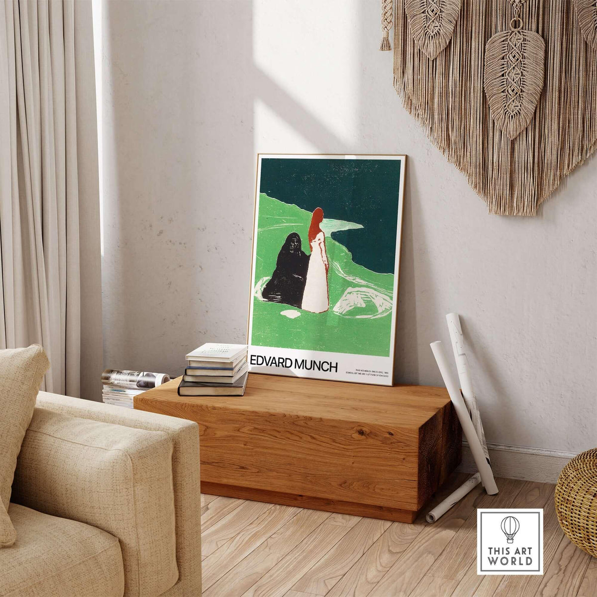Edvard Munch Art Print - Two Women on the Shore 1898 Woodcut AIC Poster displayed in a modern living room setting.