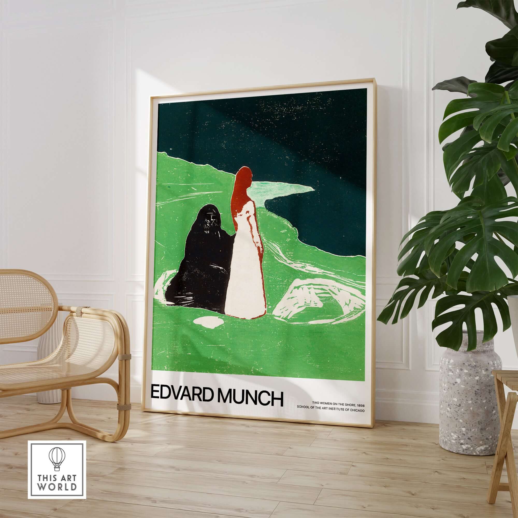 Edvard Munch Art Print - Two Women on the Shore 1898 Woodcut AIC Poster displayed in a modern interior setting.