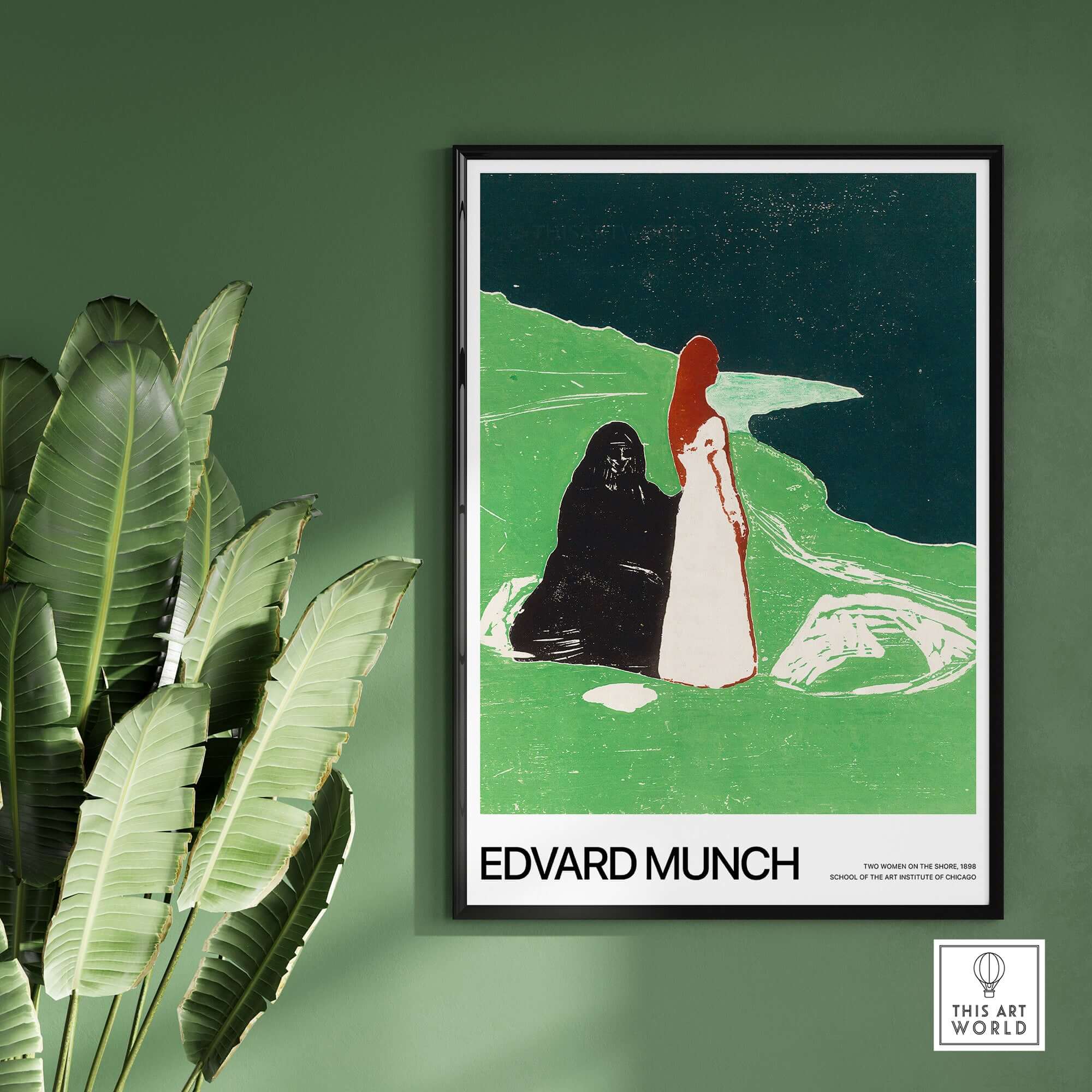 Edvard Munch Art Print - Two Women on the Shore 1898 Woodcut AIC Poster displayed on a wall with green background.