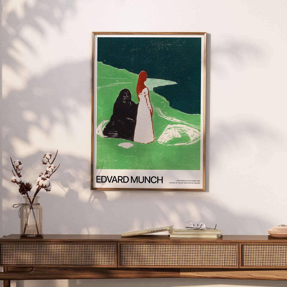 Edvard Munch Art Print - Two Women on the Shore 1898 Woodcut AIC Poster displayed on a wall in a stylish interior setting.