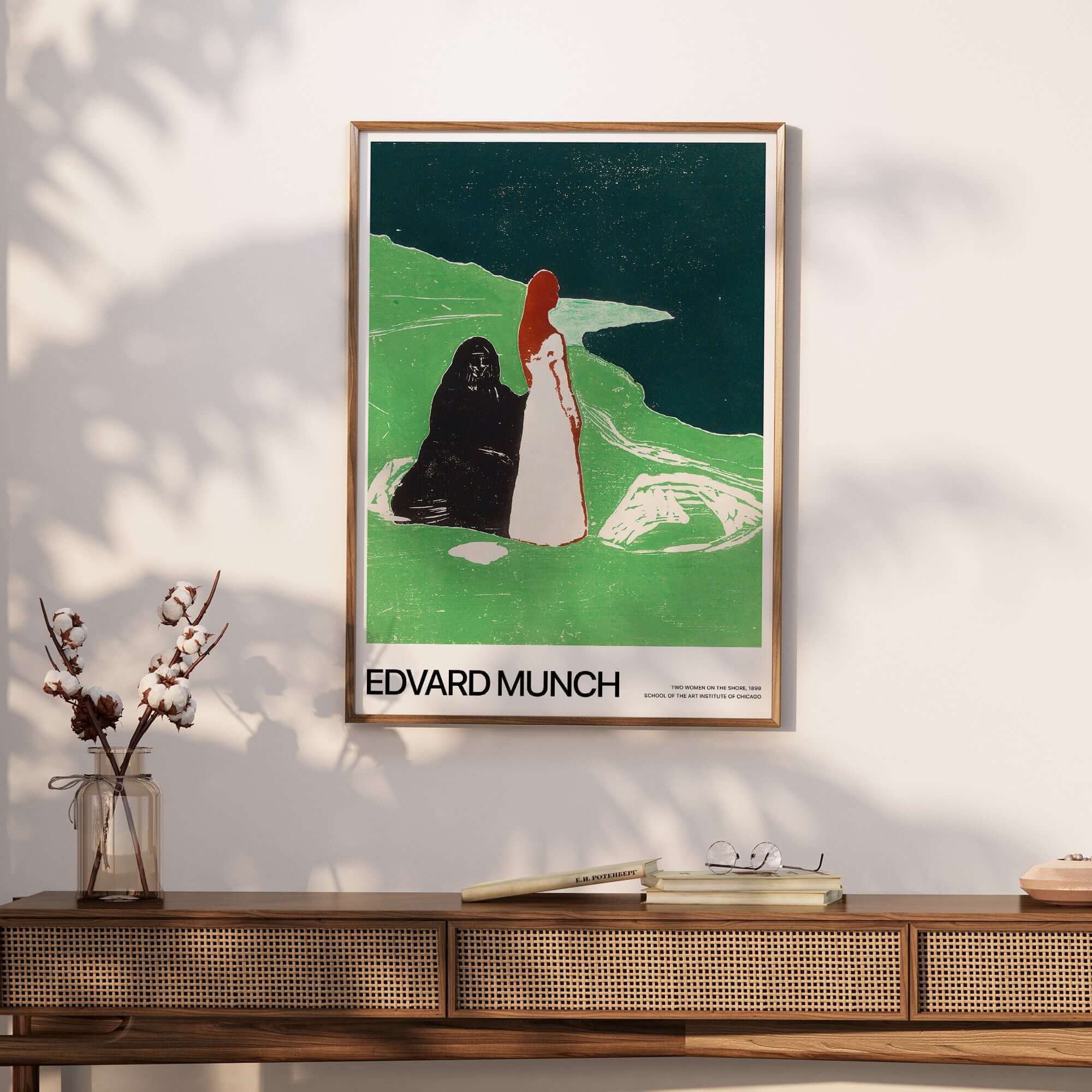 Edvard Munch Art Print - Two Women on the Shore 1898 Woodcut AIC Poster displayed on a wall in a stylish interior setting.