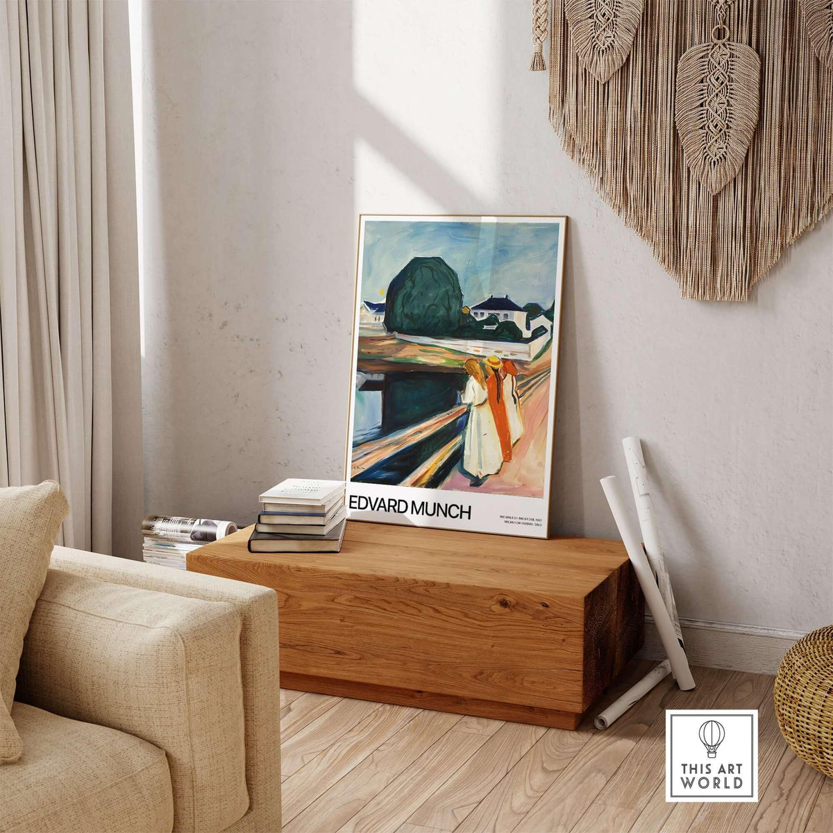 Edvard Munch Art Print - The Girls on the Bridge 1927 Painting - Museum Poster displayed in a cozy room setting.