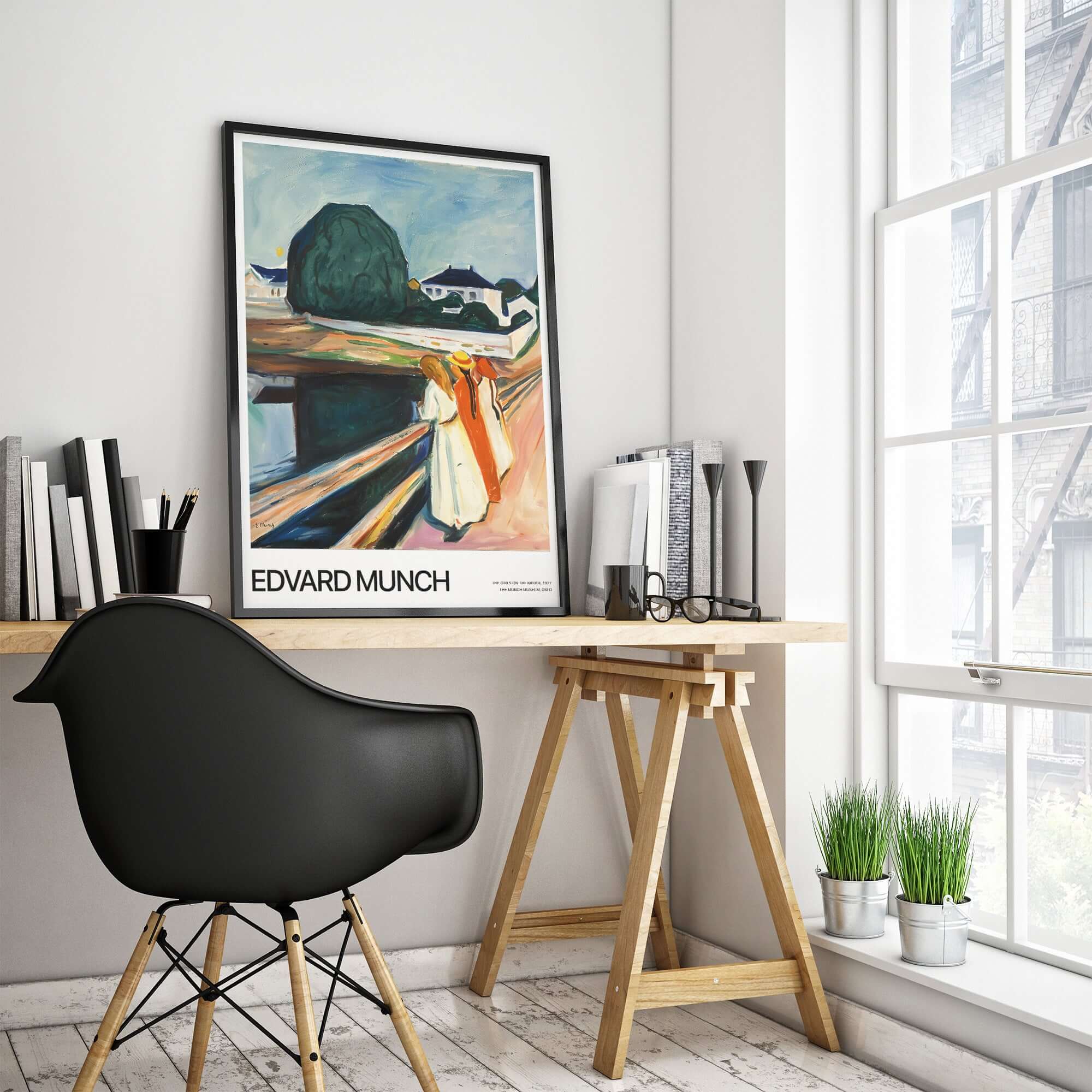 Edvard Munch Art Print - The Girls on the Bridge 1927 Painting - Museum Poster displayed in a stylish workspace.