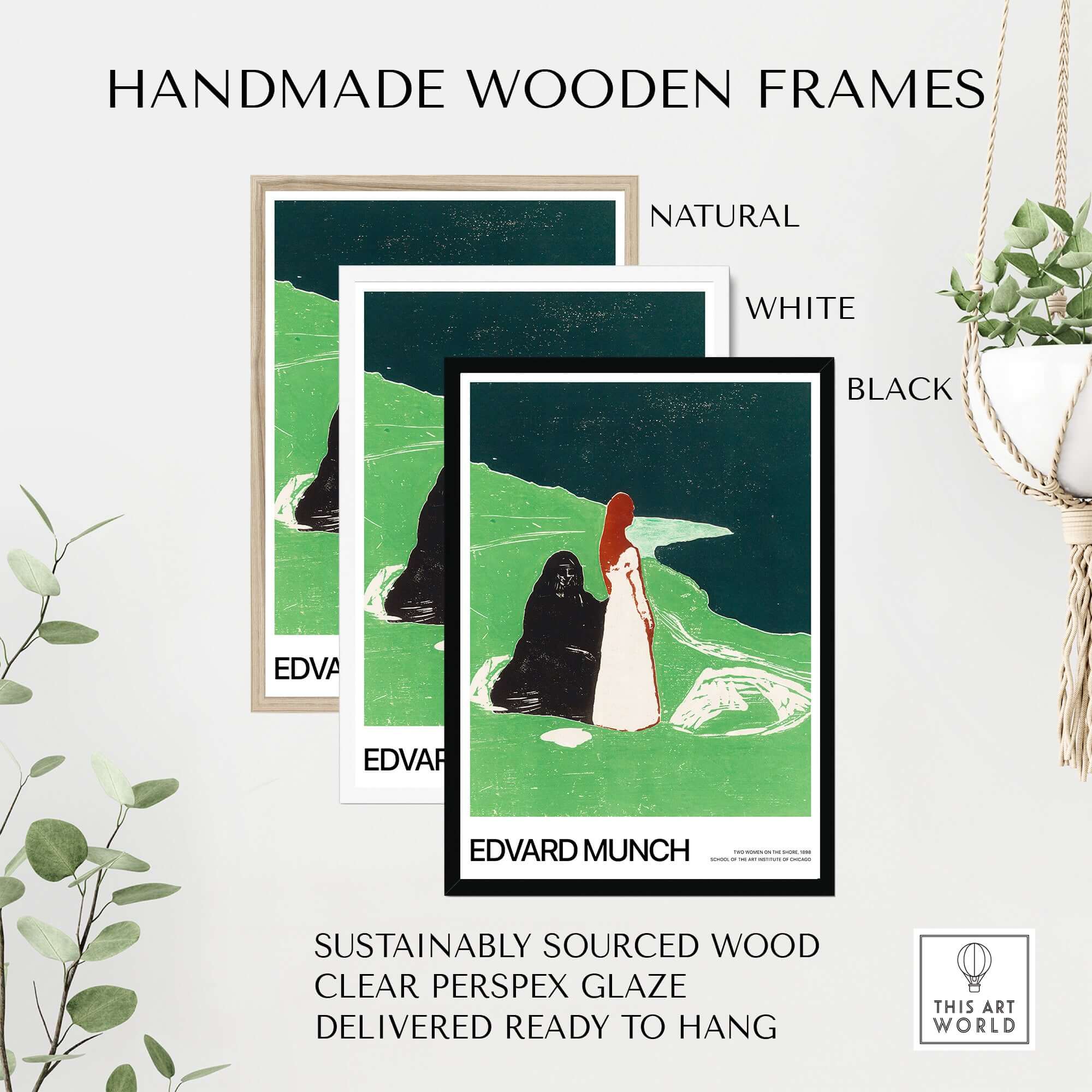 Edvard Munch Art Print - Two Women on the Shore 1898 Woodcut AIC Poster framed options in natural, white, and black.