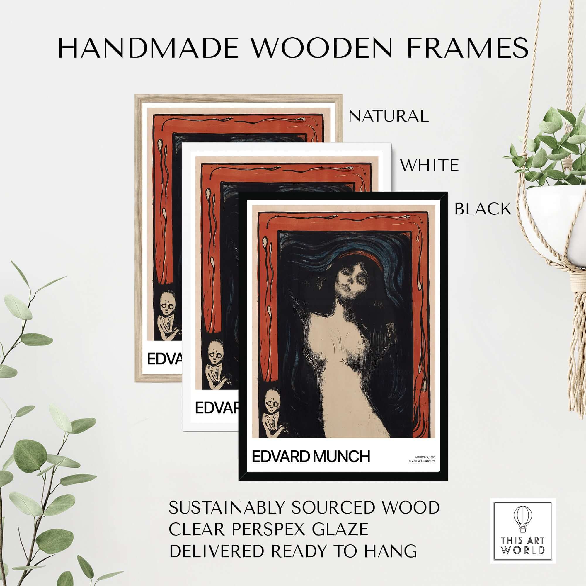 Handmade wooden frames for Edvard Munch Art Print - Madonna 1895 Color Lithograph Symbolist Poster in natural, white, and black.