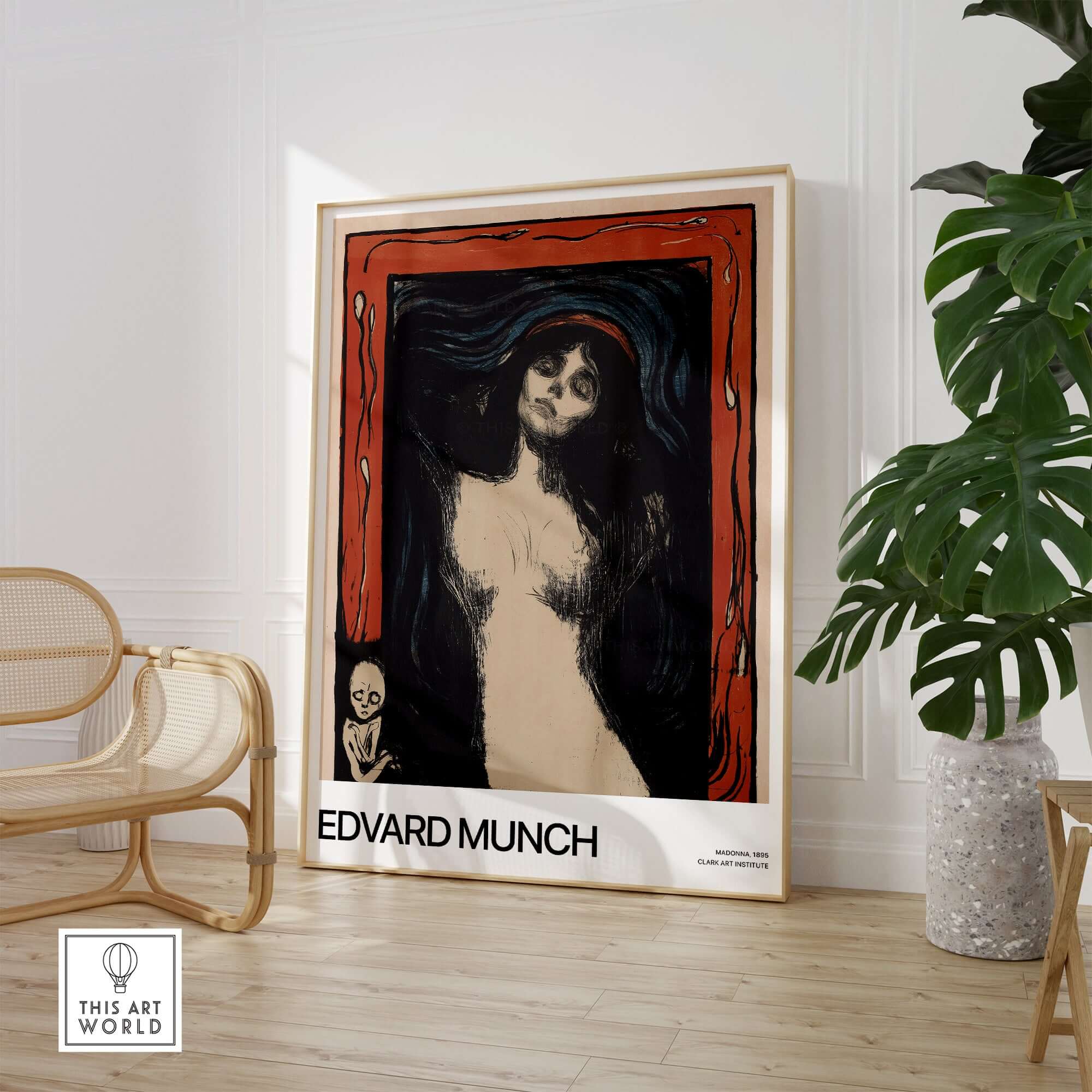 Edvard Munch Art Print - Madonna 1895 Color Lithograph Symbolist Poster displayed in a modern room setting.
