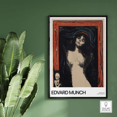 Edvard Munch Art Print - Madonna 1895 Color Lithograph Symbolist Poster displayed on a green wall with plants.