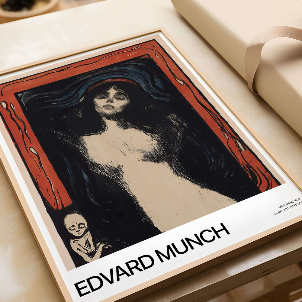 Edvard Munch Art Print - Madonna 1895 Color Lithograph Symbolist Poster displayed in a framed format.