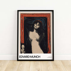 Edvard Munch Art Print - Madonna 1895 Color Lithograph Symbolist Poster displayed in a black frame on a wooden floor.