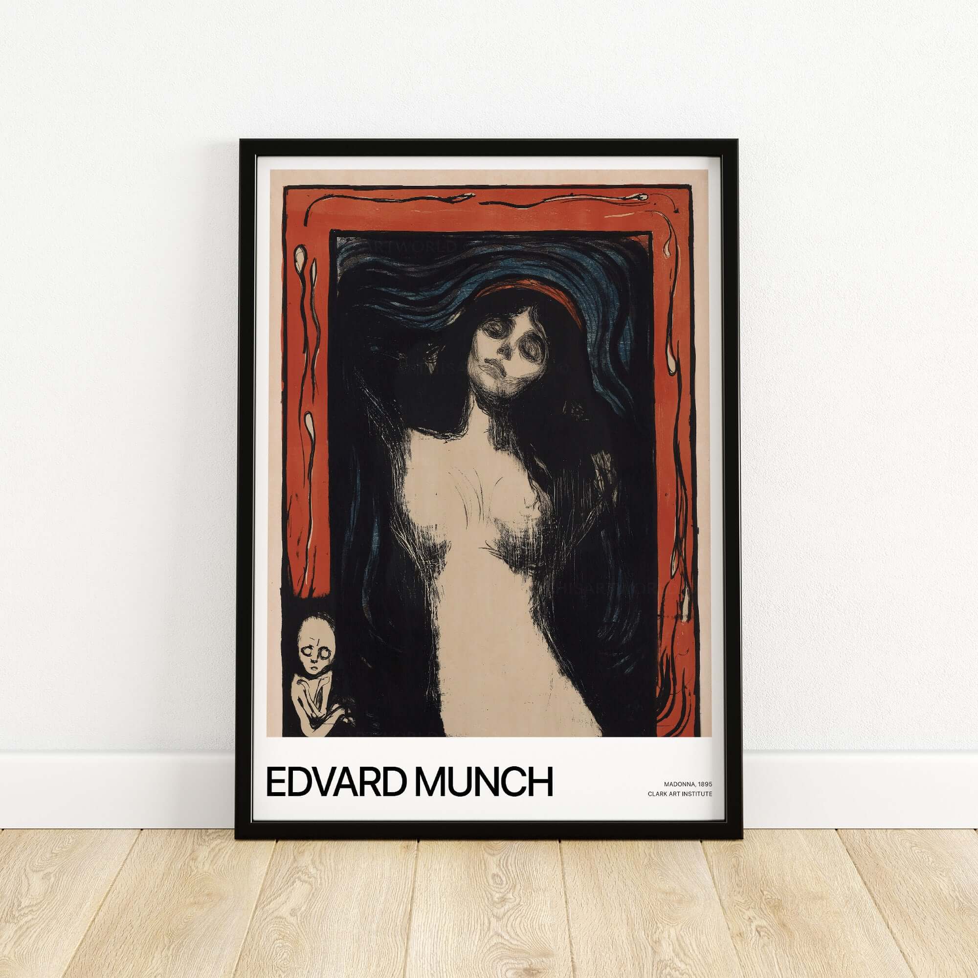 Edvard Munch Art Print - Madonna 1895 Color Lithograph Symbolist Poster displayed in a black frame on a wooden floor.