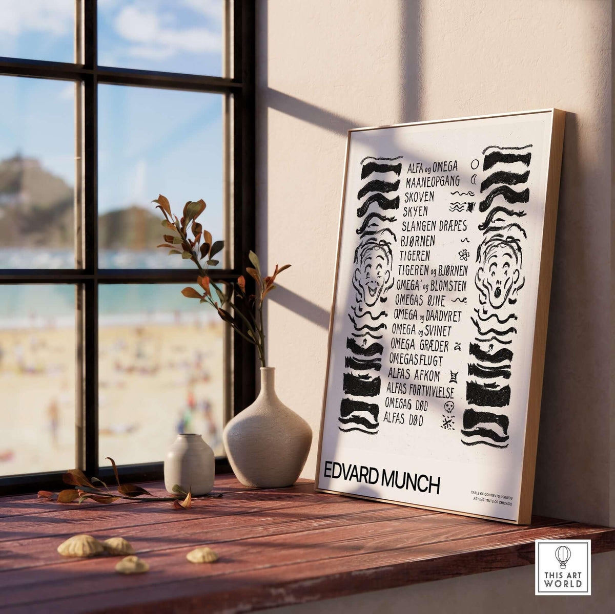 Edvard Munch Art Print - Table of Contents Alpha Omega Series Print Art Institute of Chicago Poster on a shelf by a window.