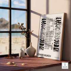 Edvard Munch Art Print - Table of Contents Alpha Omega Series Print Art Institute of Chicago Poster on a shelf by a window.