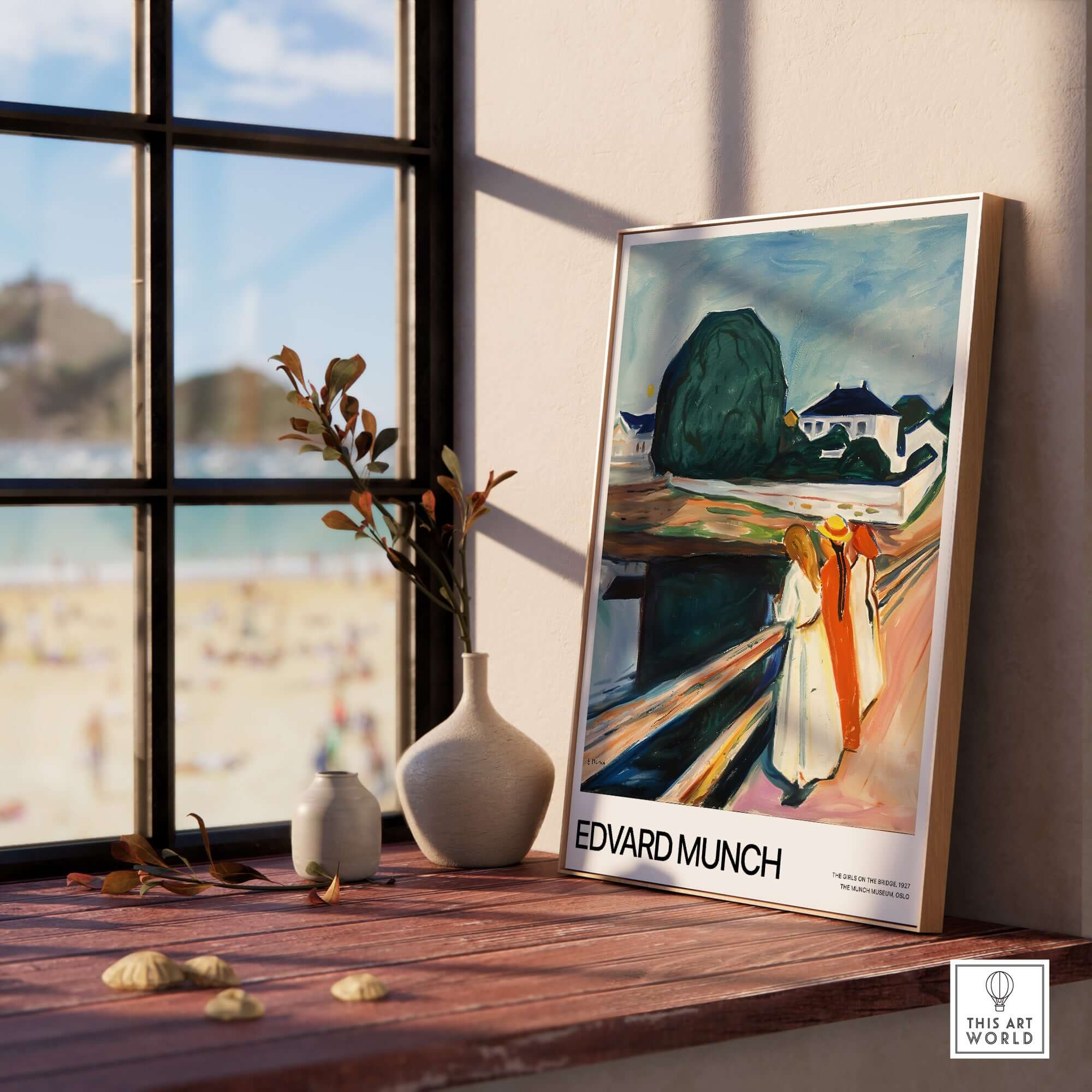 Edvard Munch Art Print - The Girls on the Bridge 1927 Painting - Museum Poster displayed in a sunlit room by a window.