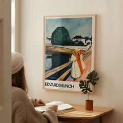 Edvard Munch Art Print - The Girls on the Bridge 1927 Painting - Museum Poster displayed in a cozy interior setting.