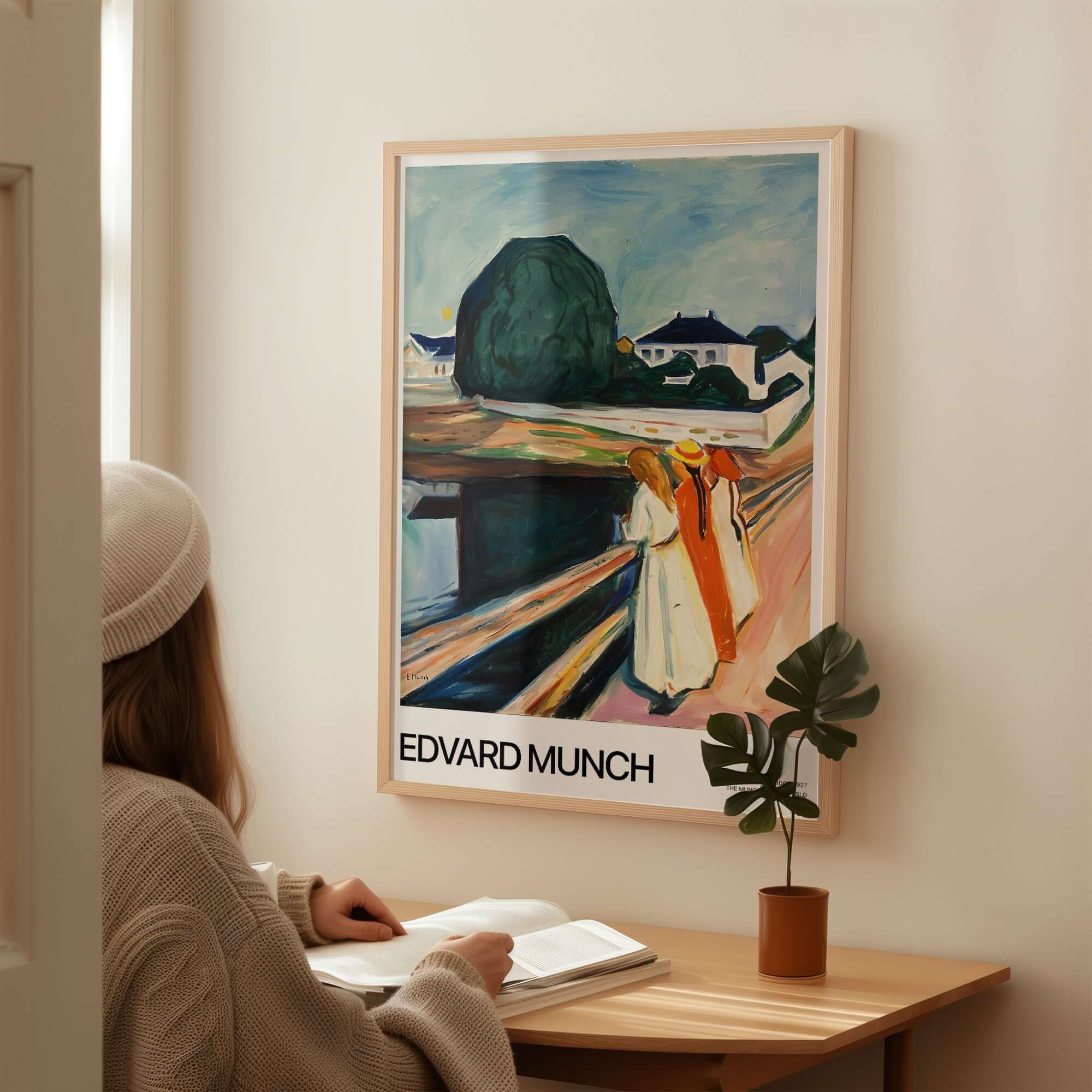 Edvard Munch Art Print - The Girls on the Bridge 1927 Painting - Museum Poster displayed in a cozy interior setting.