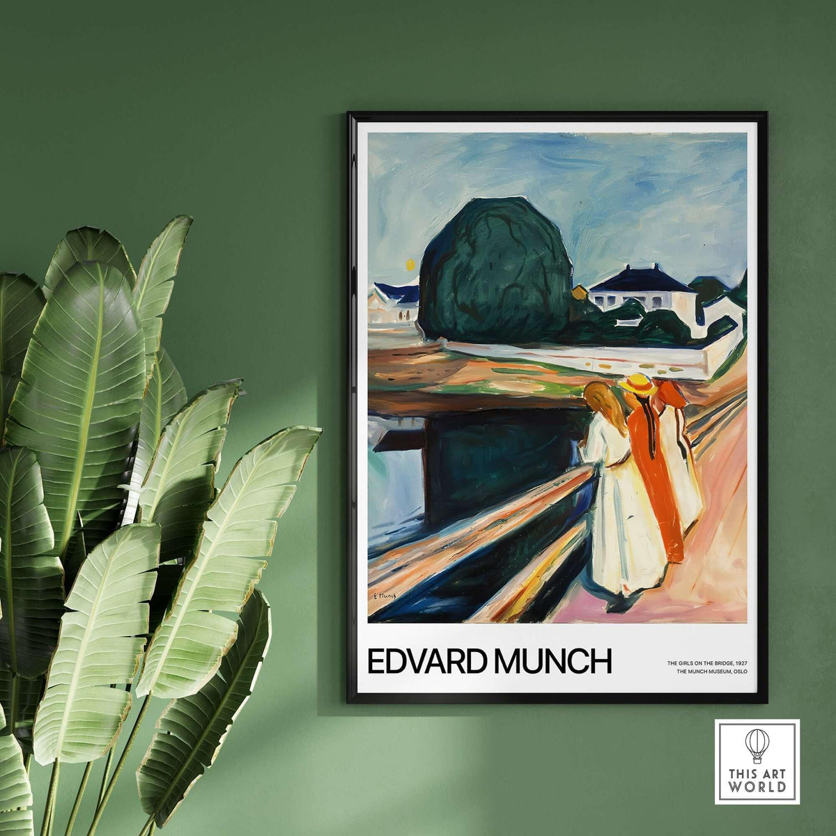 Edvard Munch Art Print - The Girls on the Bridge 1927 Painting - Museum Poster displayed on a wall with greenery.