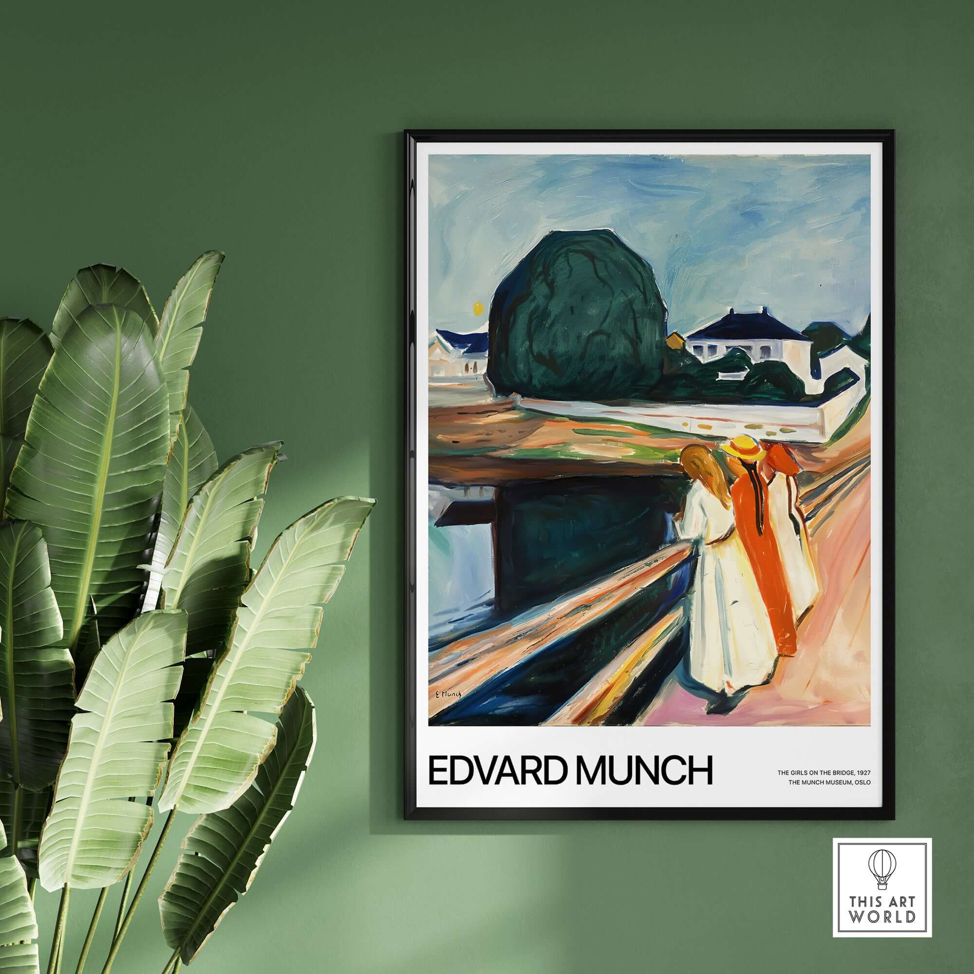 Edvard Munch Art Print - The Girls on the Bridge 1927 Painting - Museum Poster displayed on a wall with greenery.