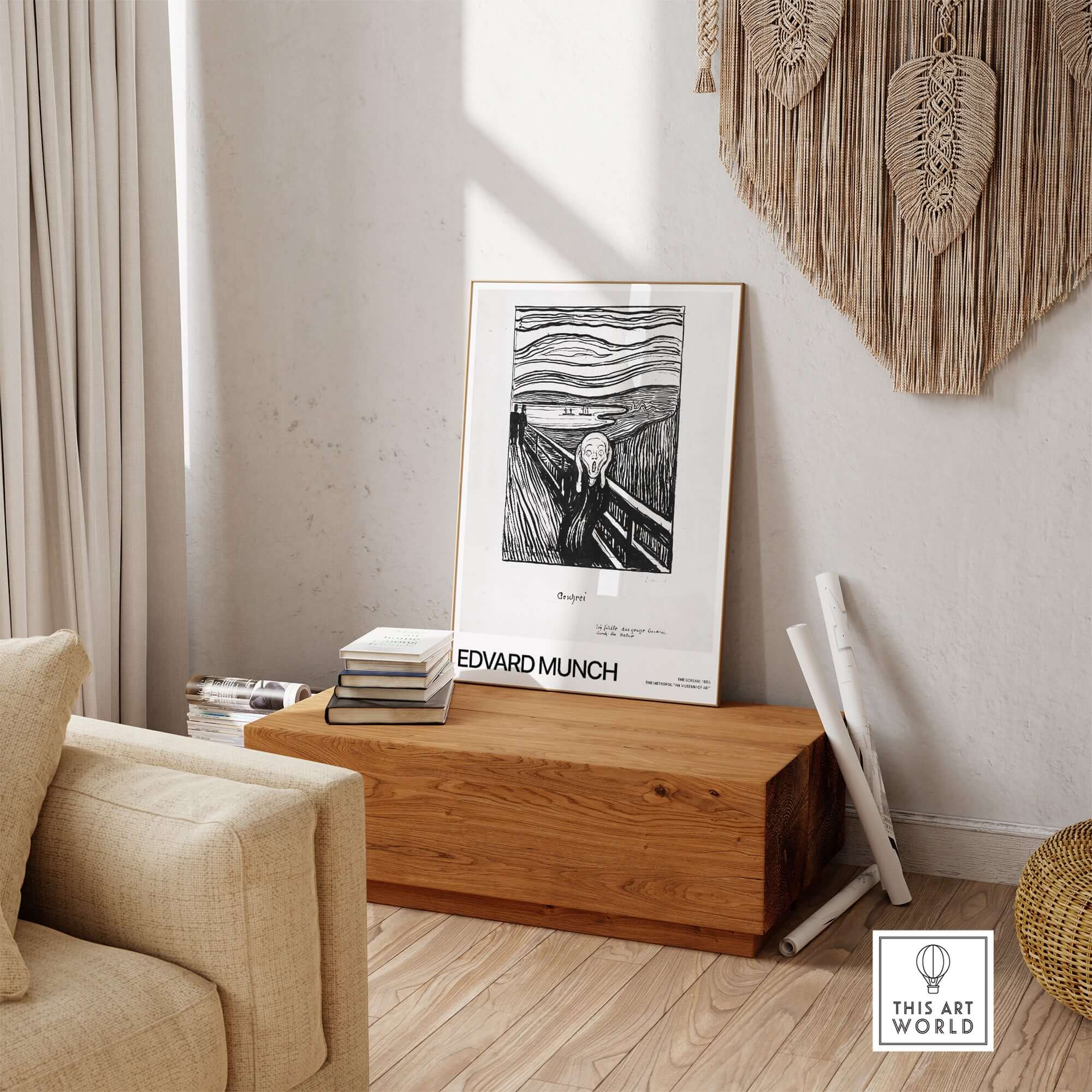 Edvard Munch The Scream 1895 Lithograph Art Print Expressionist Poster displayed in a stylish living room setting.