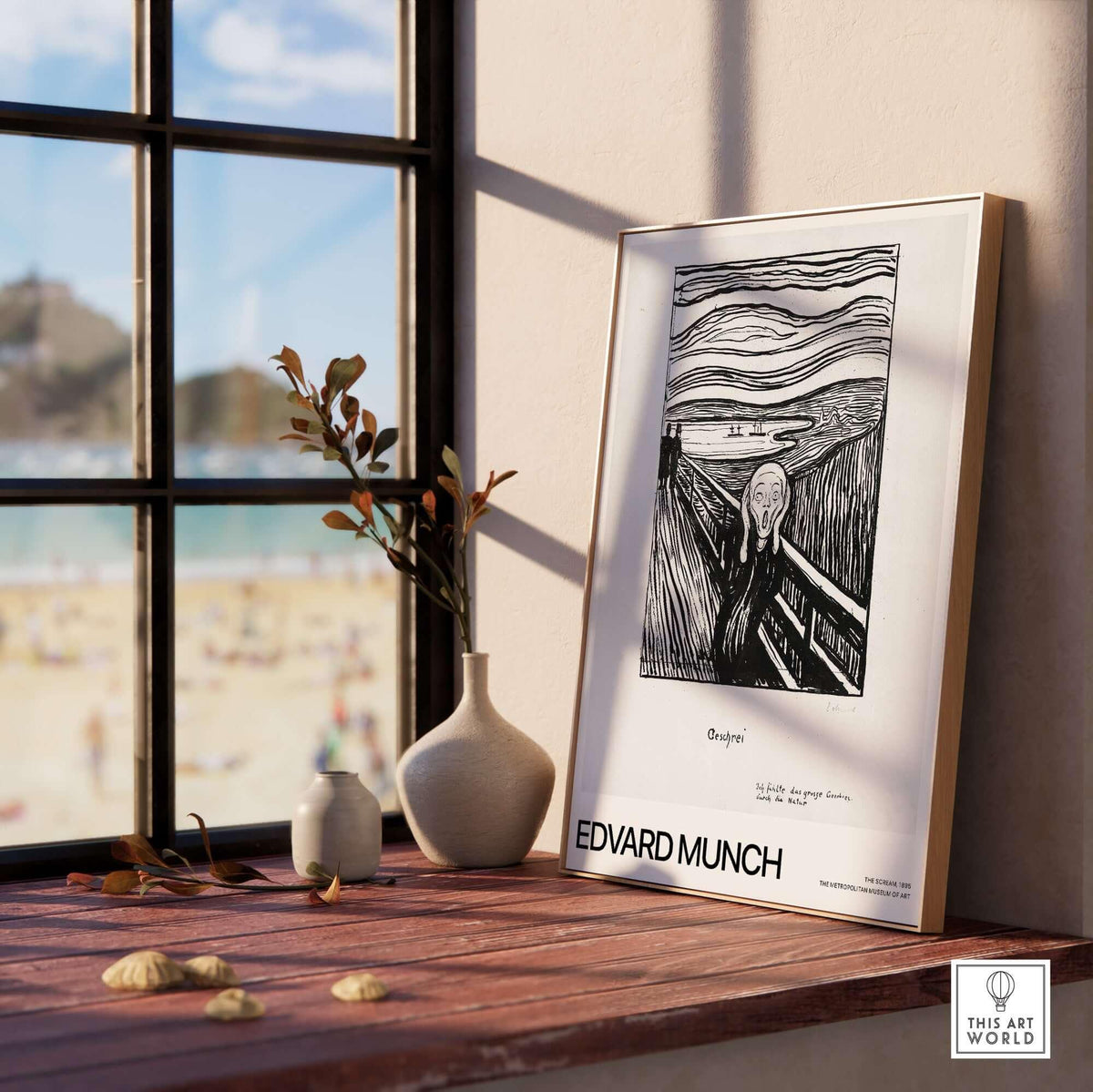 Edvard Munch The Scream 1895 Lithograph Art Print Expressionist Poster displayed on a windowsill with beach view.