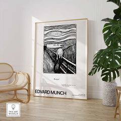 Edvard Munch The Scream 1895 Lithograph Art Print Expressionist Poster displayed in a chic interior setting.