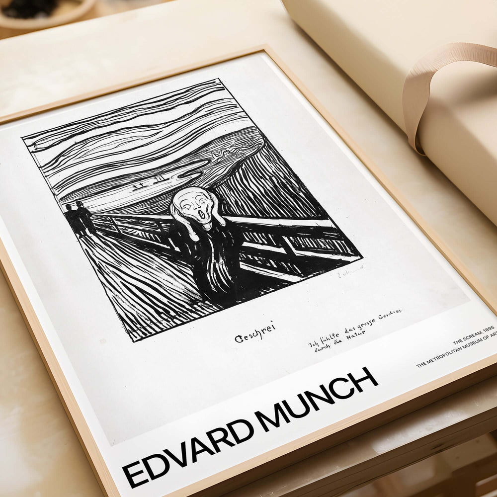 Edvard Munch The Scream 1895 Lithograph Art Print Expressionist Poster displayed in a stylish frame with a modern aesthetic.