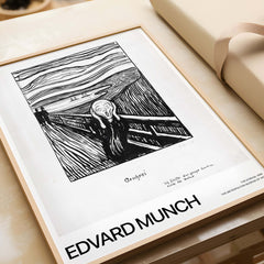 Edvard Munch The Scream 1895 Lithograph Art Print Expressionist Poster displayed in a stylish frame with a modern aesthetic.