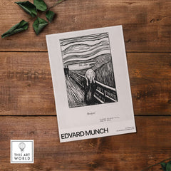 Edvard Munch The Scream 1895 Lithograph Art Print Expressionist Poster displayed on wood background.