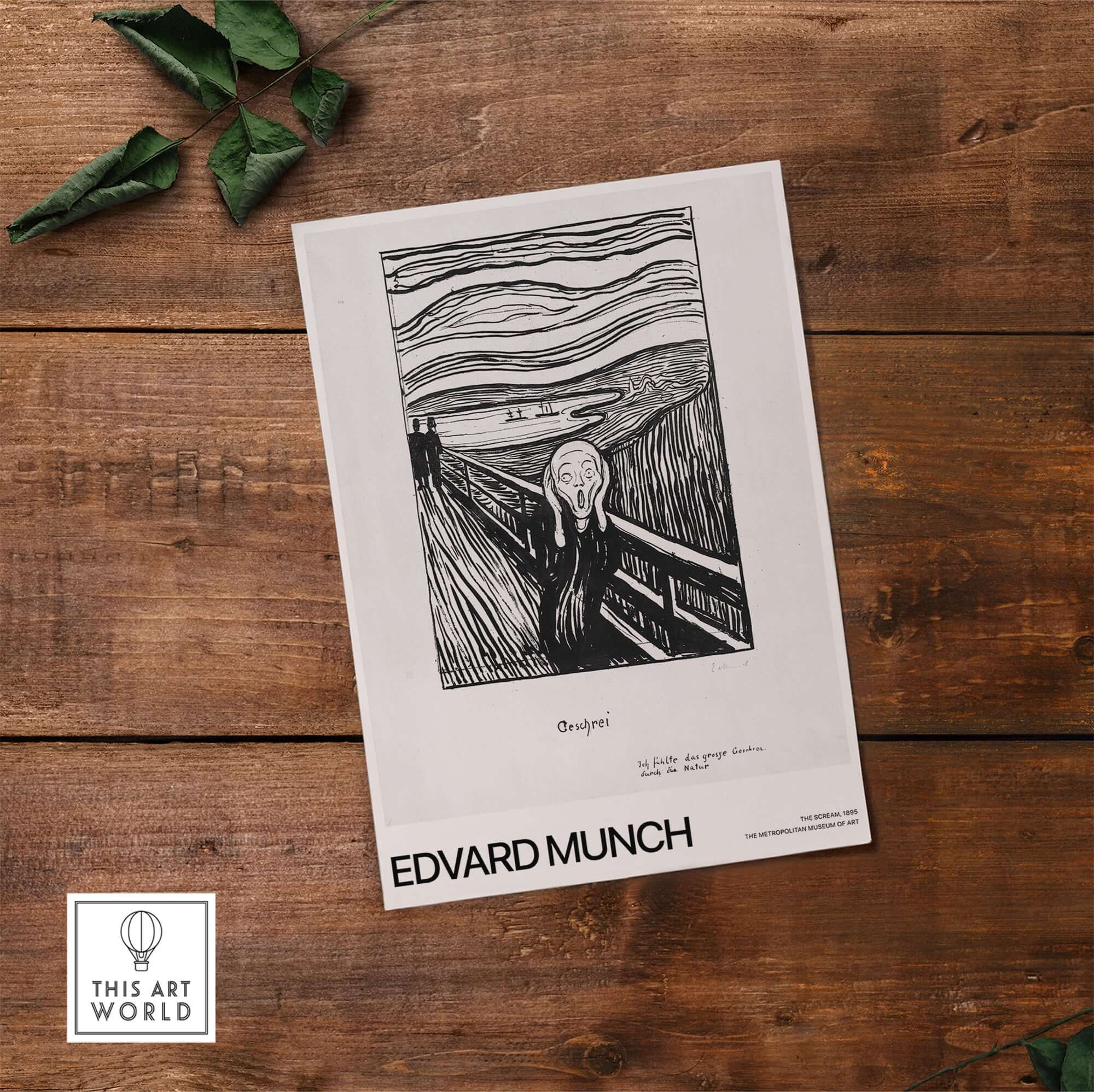Edvard Munch The Scream 1895 Lithograph Art Print Expressionist Poster displayed on wood background.