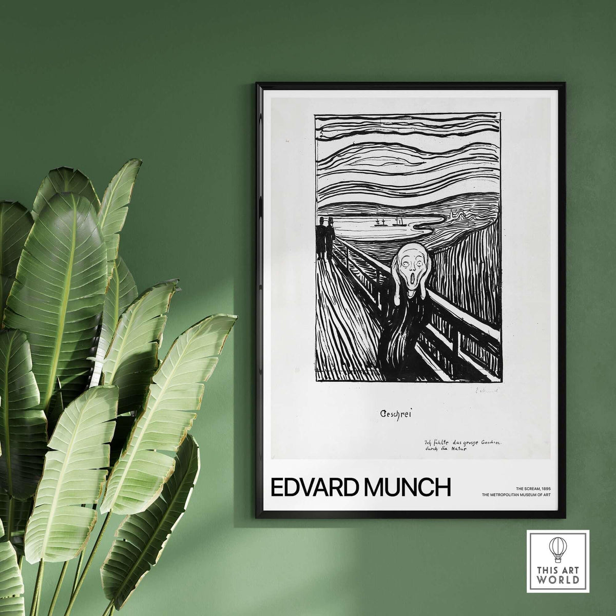 Edvard Munch The Scream 1895 Lithograph Art Print Expressionist Poster framed on green wall with plants.