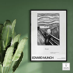 Edvard Munch The Scream 1895 Lithograph Art Print Expressionist Poster framed on green wall with plants.