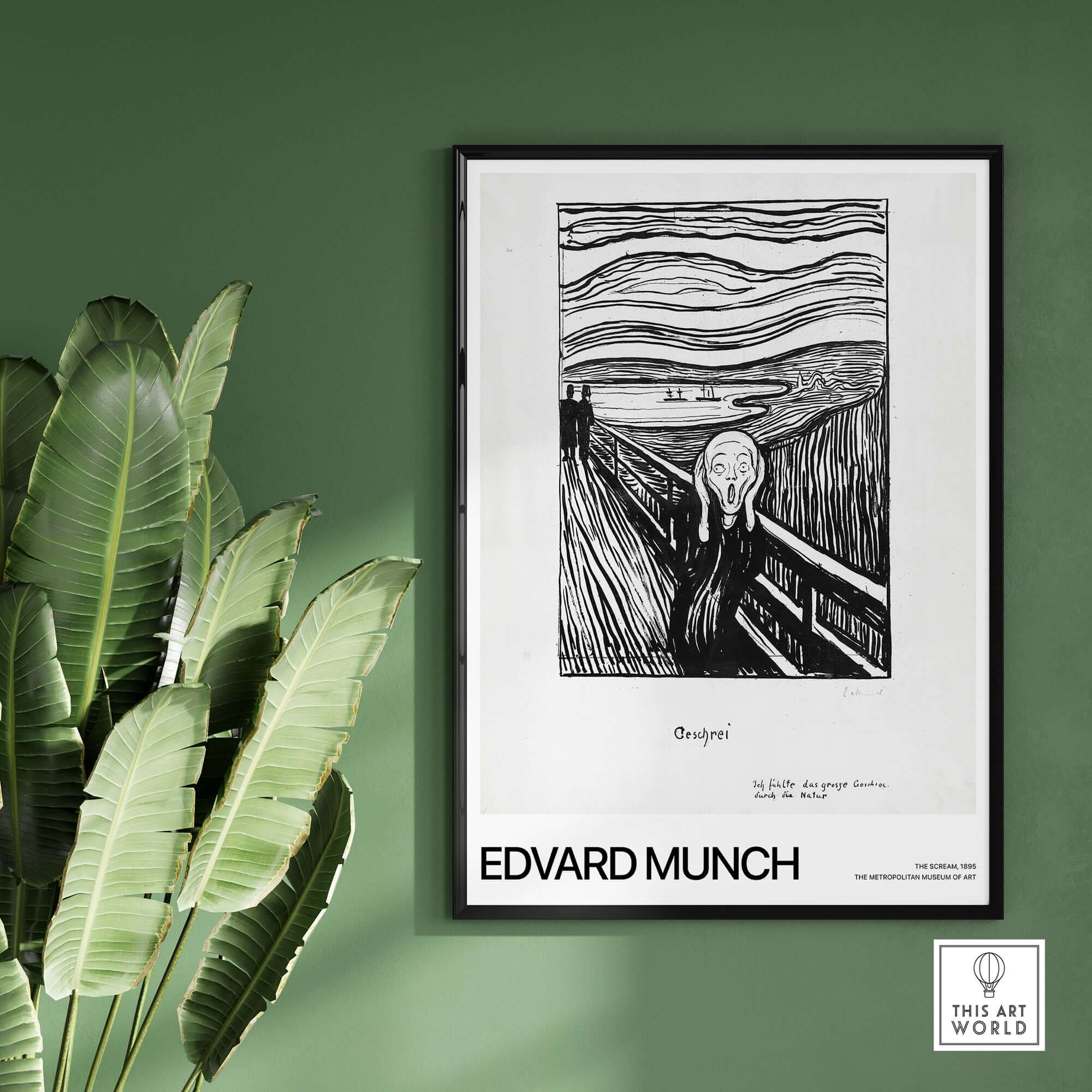 Edvard Munch The Scream 1895 Lithograph Art Print Expressionist Poster framed on green wall with plants.