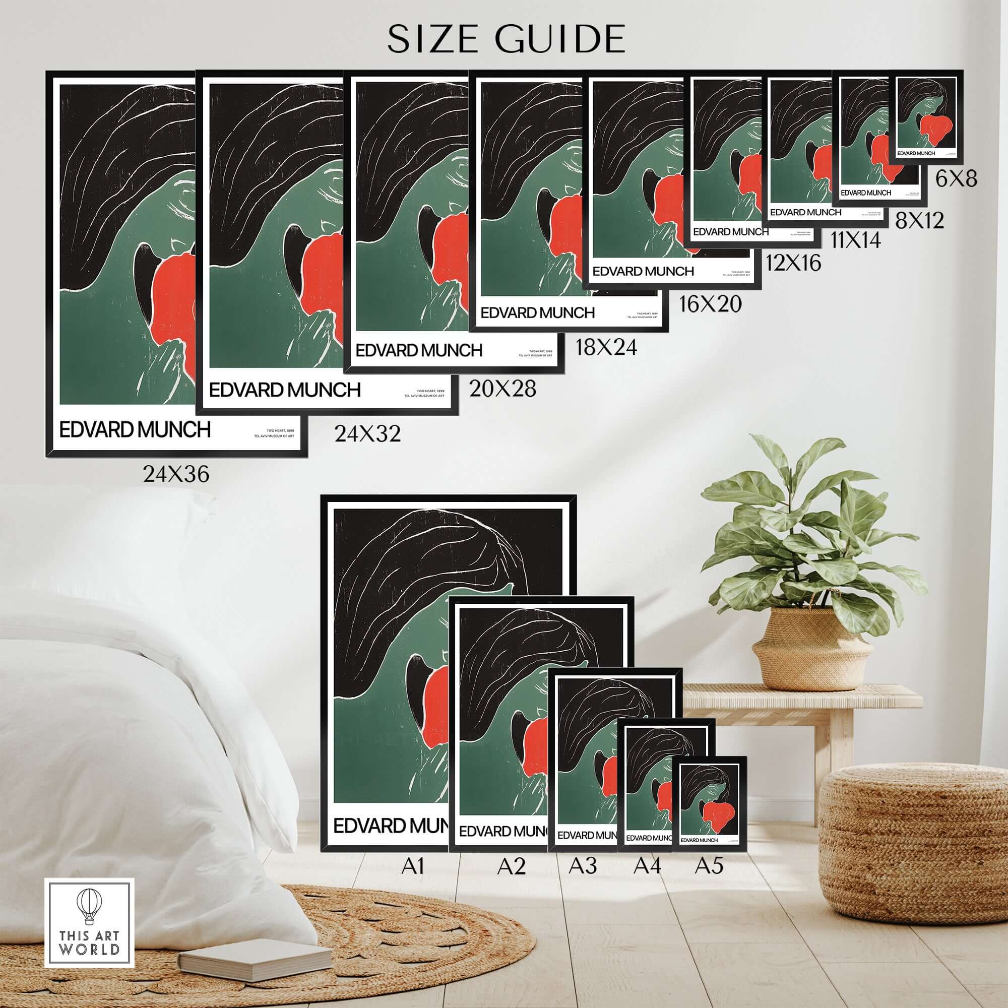 Edvard Munch Art Print - Edvard Munch Two Heart c1899 Woodcut - Symbolist Love Poster size guide with various print dimensions.