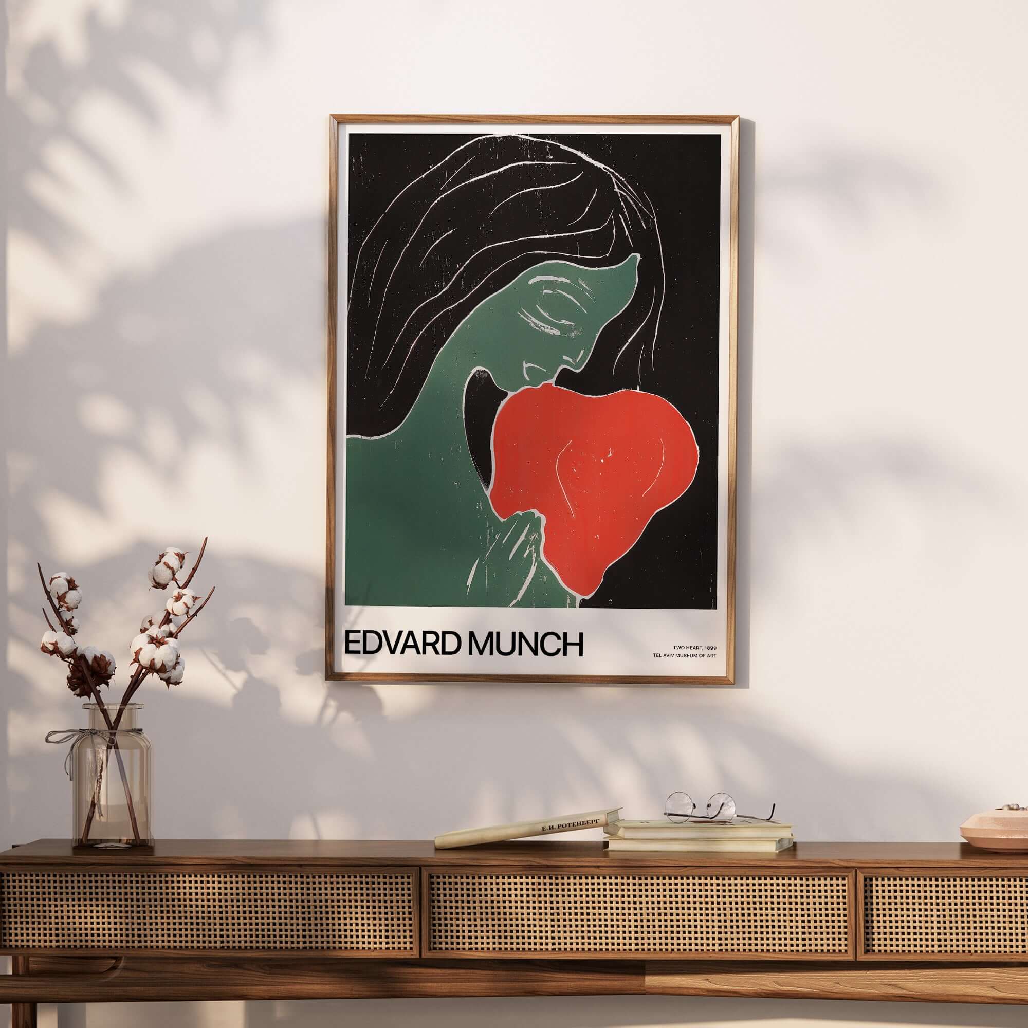 Edvard Munch Art Print - Edvard Munch Two Heart c1899 Woodcut - Symbolist Love Poster displayed on a wall.
