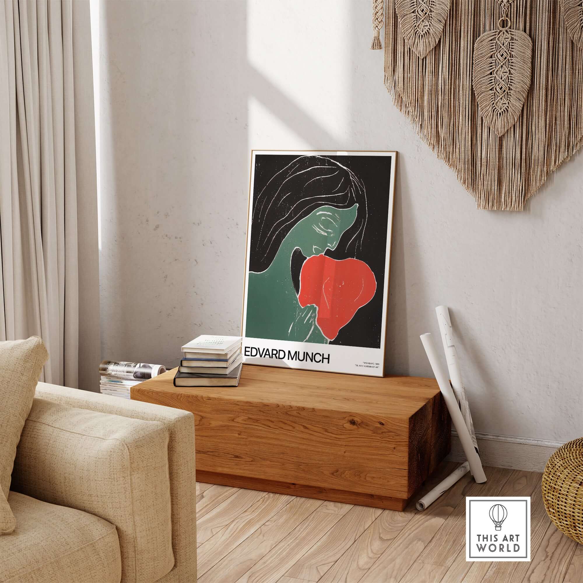 Edvard Munch Art Print - Edvard Munch Two Heart c1899 Woodcut - Symbolist Love Poster displayed in a cozy interior.