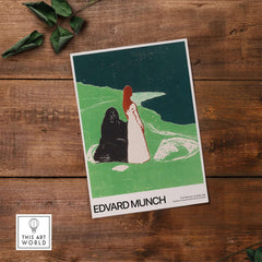 Edvard Munch Art Print - Two Women on the Shore 1898 Woodcut AIC Poster showcasing two female figures by the shoreline.