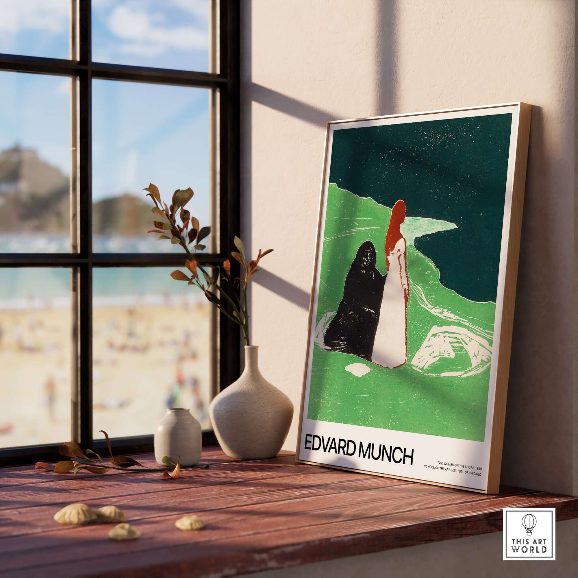 Edvard Munch Art Print - Two Women on the Shore 1898 Woodcut AIC Poster displayed near a window with a view.
