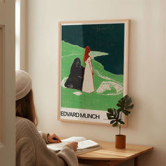 Edvard Munch Art Print - Two Women on the Shore 1898 Woodcut AIC Poster displayed in a cozy home setting.