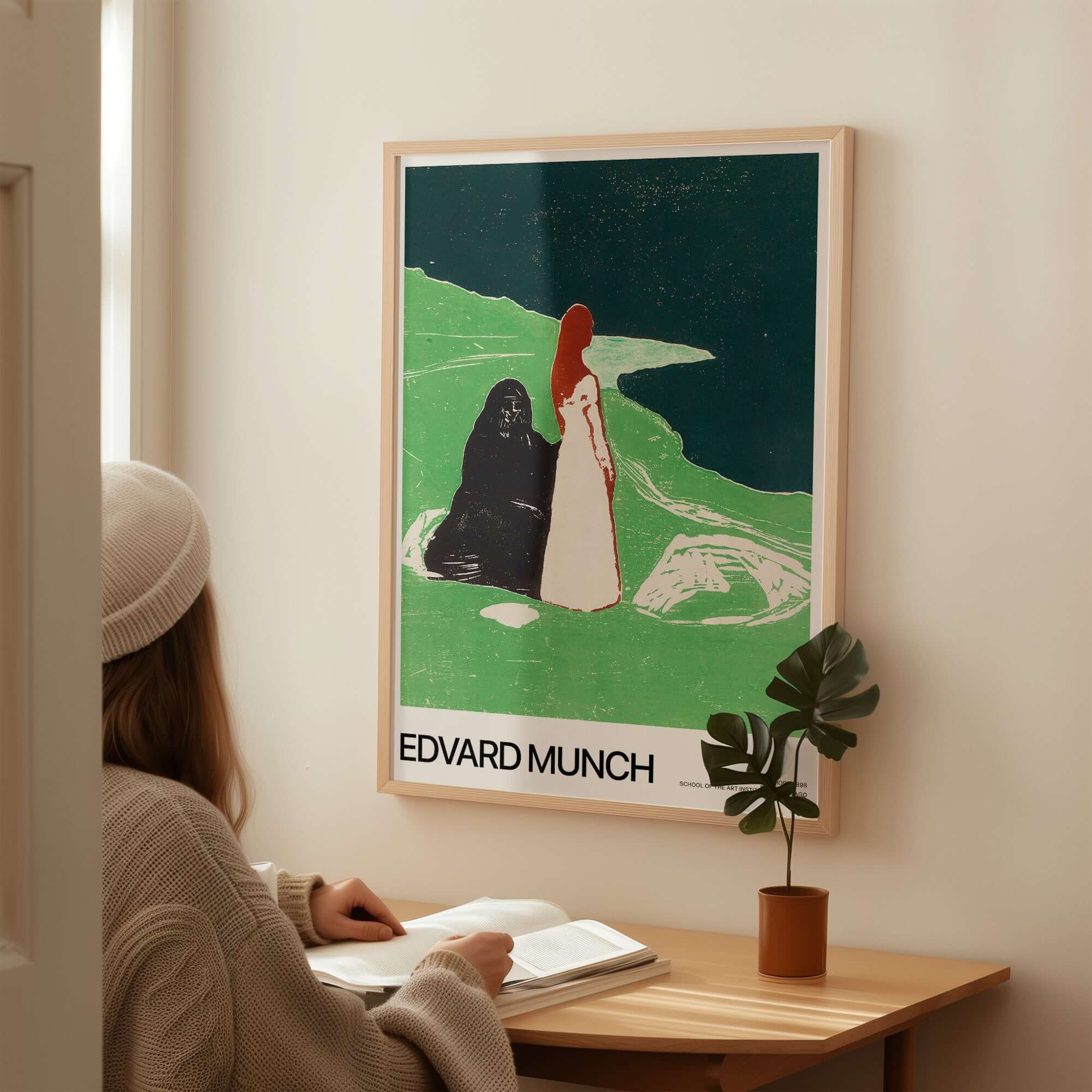 Edvard Munch Art Print - Two Women on the Shore 1898 Woodcut AIC Poster displayed in a cozy home setting.