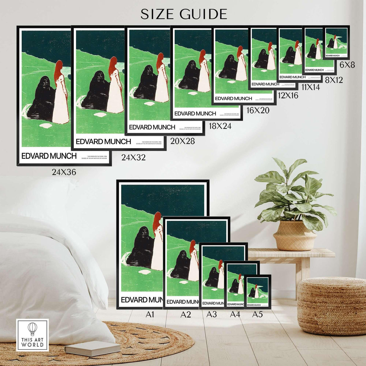 Size guide for Edvard Munch Art Print - Two Women on the Shore 1898 Woodcut AIC Poster in various dimensions.