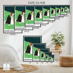 Size guide for Edvard Munch Art Print - Two Women on the Shore 1898 Woodcut AIC Poster in various dimensions.