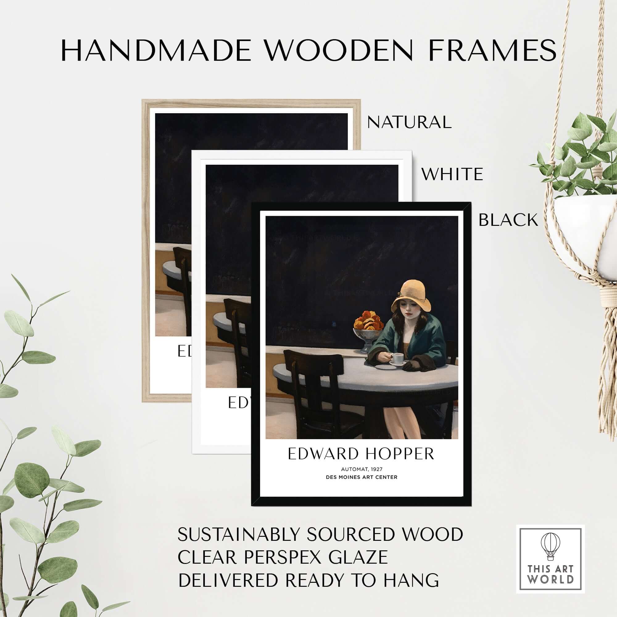 Handmade wooden frames in natural, white, and black for Edward Hopper Automat 1927 Des Moines Art Center Poster Print.