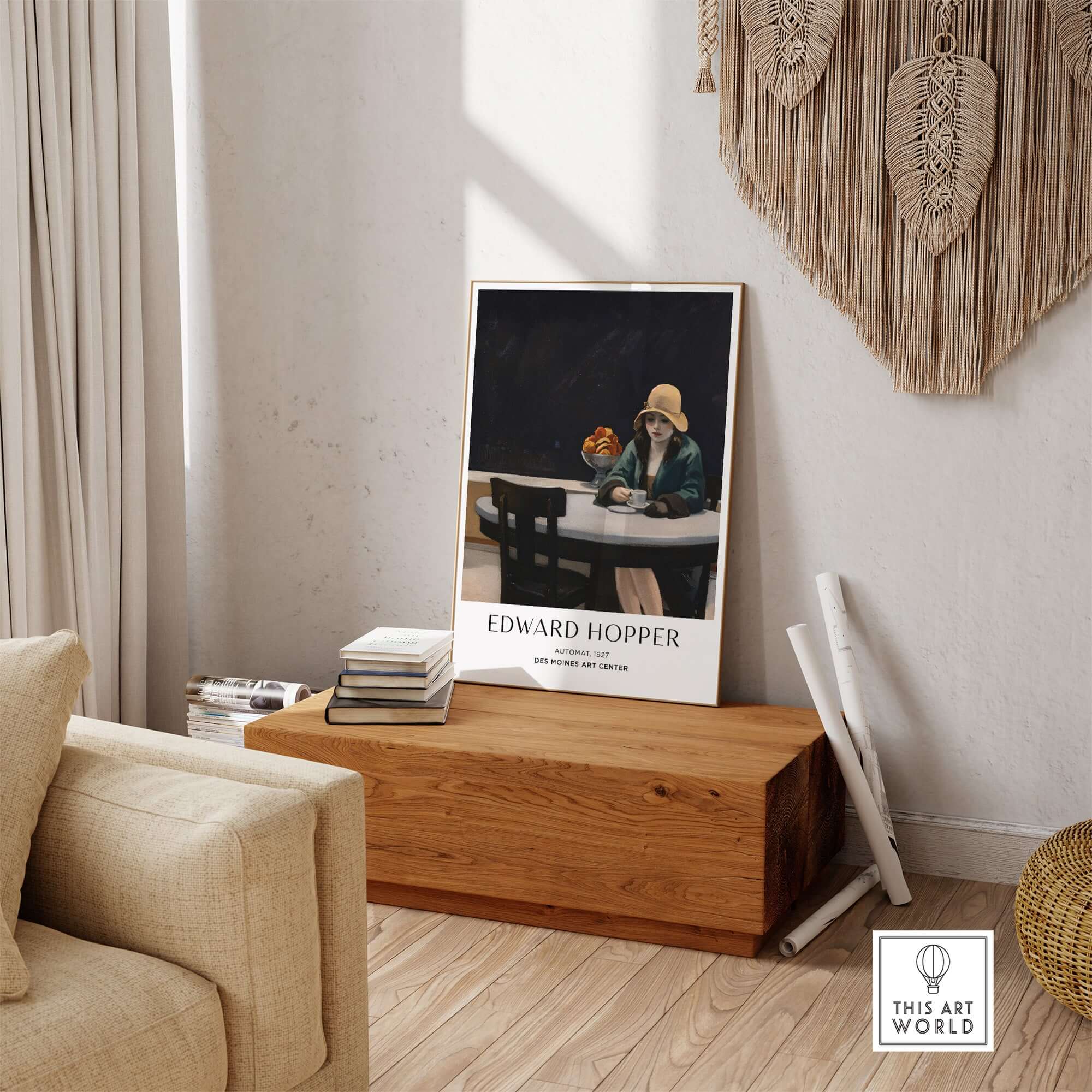 Edward Hopper Automat 1927 Des Moines Art Center Poster Print displayed in a cozy interior setting.