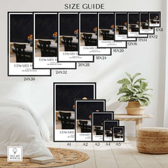 Size guide for Edward Hopper Automat 1927 Des Moines Art Center Poster Print with various dimensions displayed.